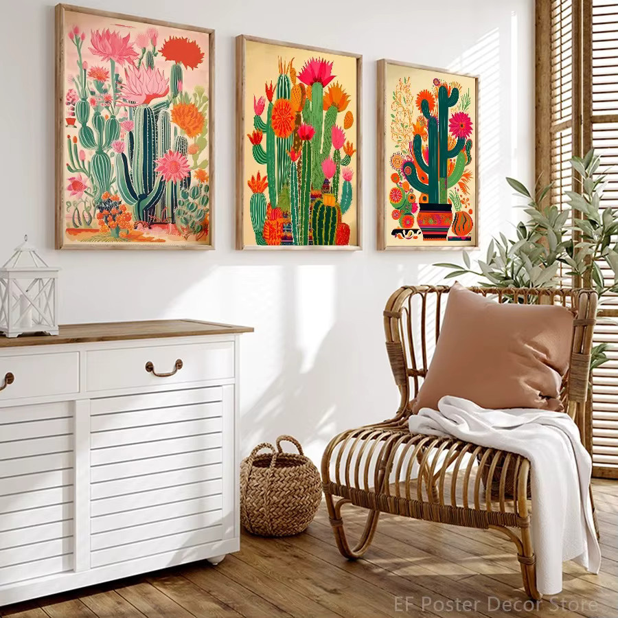 MINISO Retro-Leinwandposter mit mexikanischem Kaktus und floralem Motiv in Mehrfarbig - Bild 3