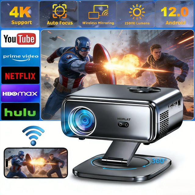 HORLAT Smart Home Theater LED-Projektor mit Android 12, Native 1080P, 4K Unterstützung, 800 ANSI Lumen, Autofokus, Keystone, WiFi6 und Bluetooth 5.2 - Bild 1