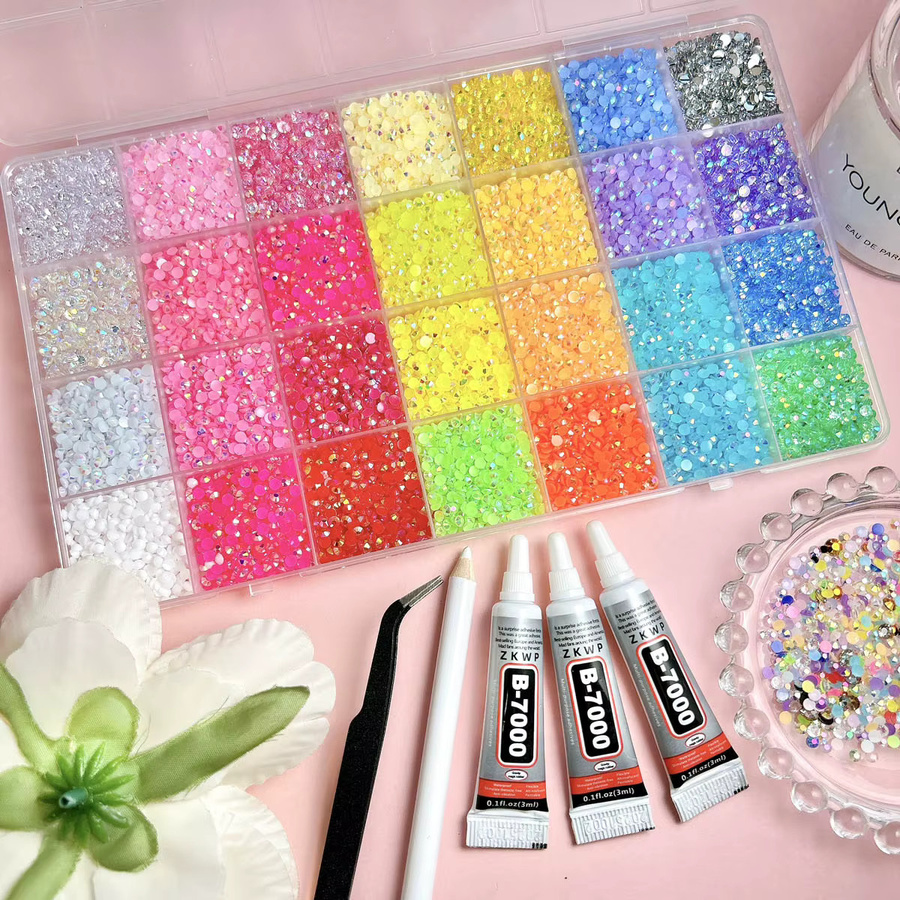 Glänzendes Flatback-Strass-Set in Multicolour mit B 7000 Kleber, Pinzette und Picker-Stift für Nagelkunst, DIY-Bastelarbeiten und Schmuckdeko - Bild 2