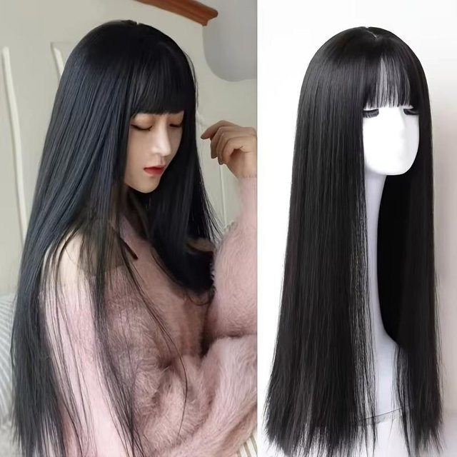 Schwarze Lange Gerade Synthetische Perücke, 26inches, Unisex - Bild 1