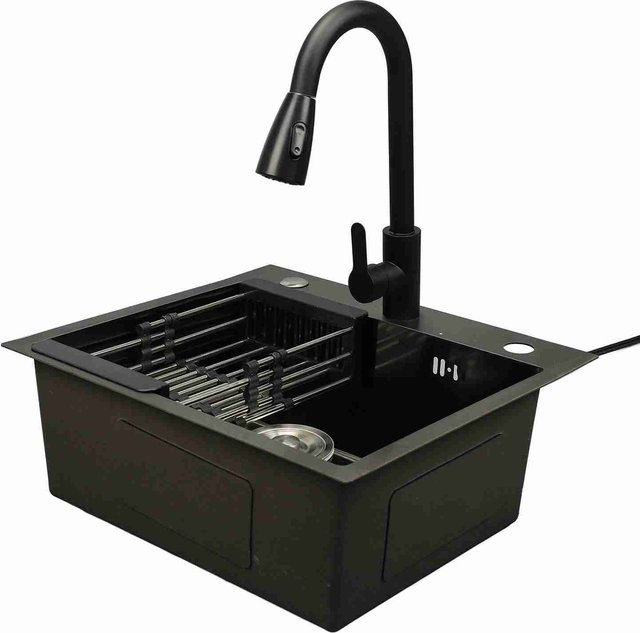 Aimo Einbau-Küchenspüle aus Edelstahl in Schwarz mit Armatur als Unterbau-Küchenarbeitsstation - Bild 1