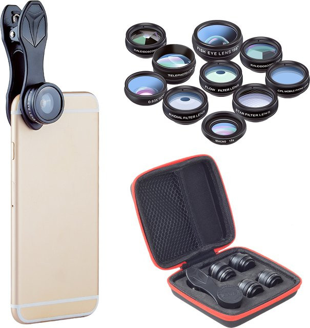 APEXEL 11-in-1 Smartphone Kamera Objektiv Set in Schwarz mit Fisheye-Weitwinkel-Makroobjektiv, CPL-ND-Filter, Kaleidoskop und Teleskopobjektiv - Bild 1
