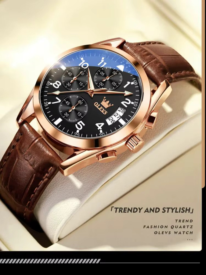 OLEVS Chronograph, Quarzuhr, Lederarmband, Schwarz, Braun, Herren - Bild 7