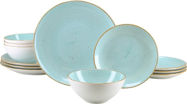 CreaTable Vintage Nature Aqua Teller Set aus Porzellan, 12-teilig für 4 Personen, Blau/Türkis - Bild 1