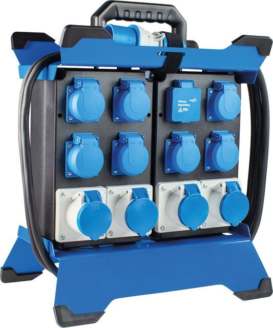 Schwabe Camping Stromverteiler mit CEE Stecker, spritzwassergeschützt, 7x Schuko, 4x CEE Steckdosen und 2x USB, Blau - Bild 1
