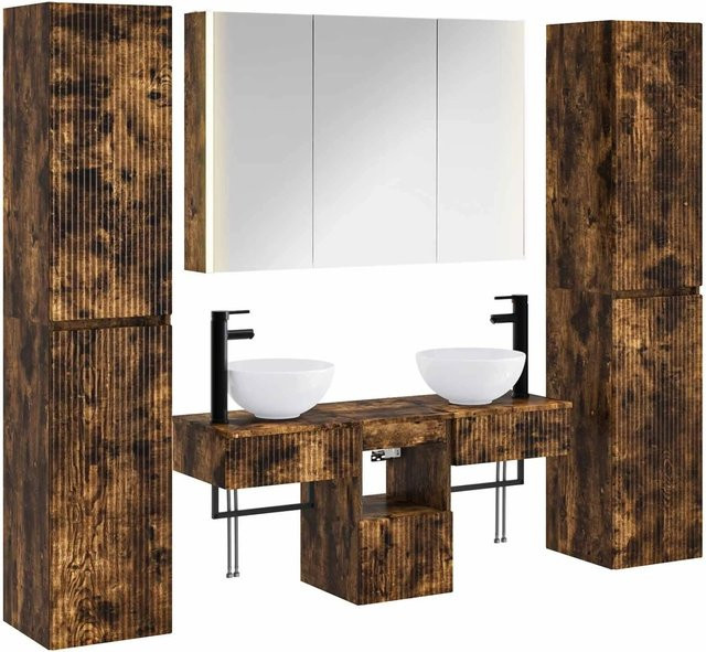 6-teiliges modernes Badezimmermöbel-Set von vidaXL in Geräucherte Eiche, inklusive Waschtischunterschrank und Wandschrank mit LED-Beleuchtung und Glastüren, Braun - Bild 1