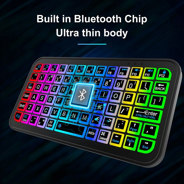 Kebidumei Mini RGB Bluetooth-Tastatur mit Hintergrundbeleuchtung, wiederaufladbare drahtlose Tastatur für PC, Tablet, Laptop, iPad, iOS, Android und MacBook, Schwarz - Bild 1