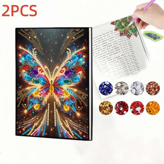 2er Set Diamond-Painting-Notizbuch mit Schmetterlingsmuster und Lesezeichen aus PU-Leder in Multicolour - Bild 1