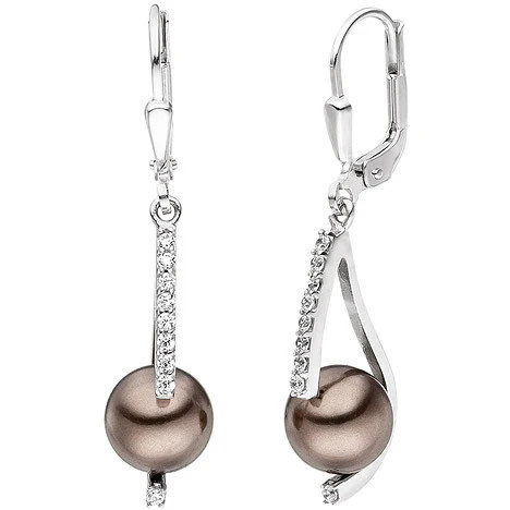 Colfem Ohrhänger 925 Sterling Silber, 2 Perlen braun, 18 Zirkonia - Bild 1