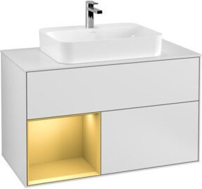 V&B Waschtischunterschrank Finion 100 in Weiß lackiert mit Regalfach links und goldenen Akzenten, Breite: 100 cm, Tiefe: 50,1 cm, Höhe: 50,1 cm - Bild 1