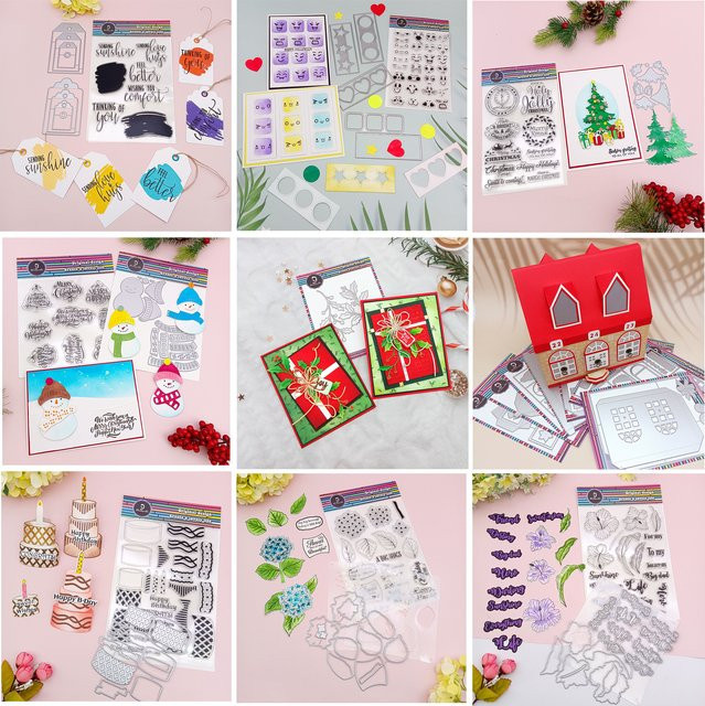 Alinacutle Metall-Stanzformen und transparente Stempel für Scrapbooking und Papierhandwerk in Rot mit Weihnachts- und Geburttagsmotiven - Bild 1