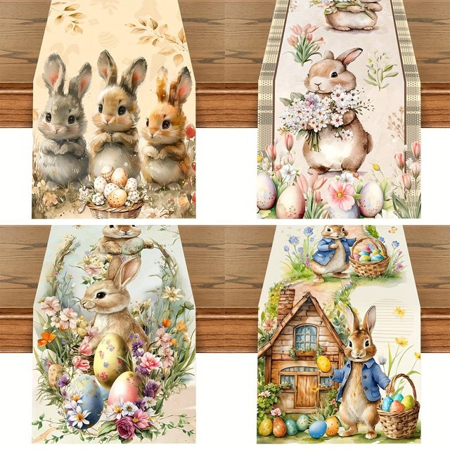 ZZN Vintage Ostern Tischläufer mit Hasen, Eiern und Blumenmuster aus Leinen, Mehrfarbig, B: 33 cm, L: 183 cm - Bild 1