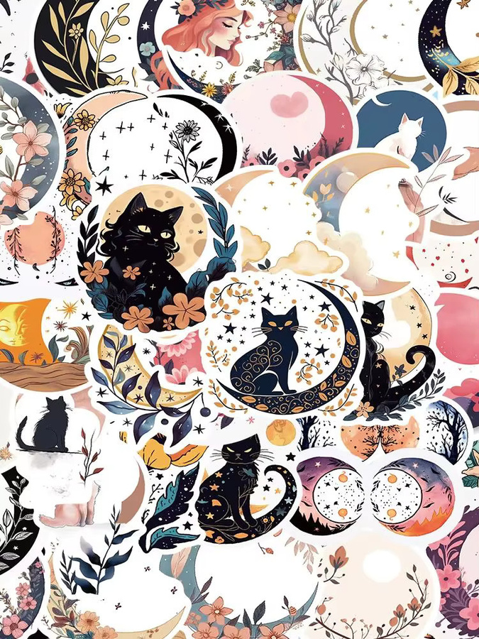 Charile Blumen Schwarze Katze Mond Cartoon Aufkleber, 10-teiliges Set - Bild 4