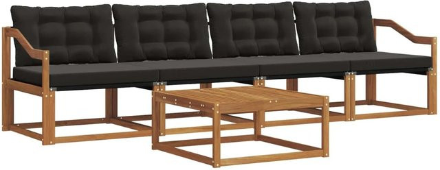 vidaXL Outdoor-Sofagarnitur 5-teilig aus Akazienholz und Textilene in Natur-Schwarz mit Kissen - Bild 1