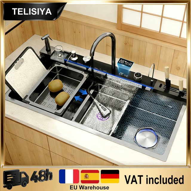 TELISIYA Edelstahl Multifunktionale Küchenspüle mit Digitalanzeige, Wasserfall-Funktion und Klaviertasten-Design in Silber - Bild 1