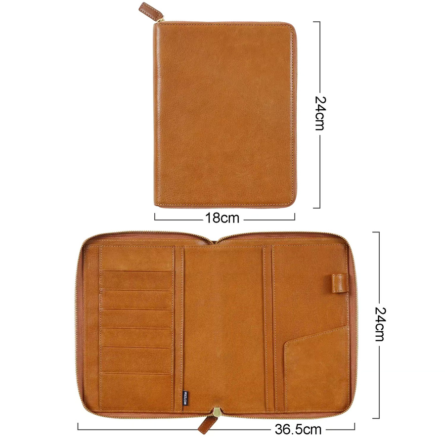 Moterm A5 Reißverschlusshülle aus pflanzlich gegerbtem Vollnarbenleder in Braun mit oberer Tasche für Planer, Notizbuch und Organizer - Bild 2