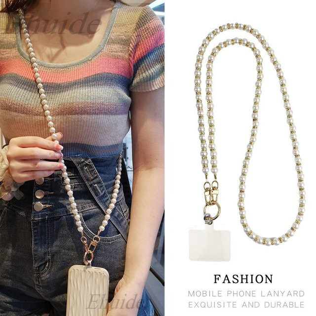 EHUIDE Telefon-Lanyard mit handbestickten Perlen und Diamant-Design in Weiß als universelle Umhängekette für deine Handyhülle - Bild 1