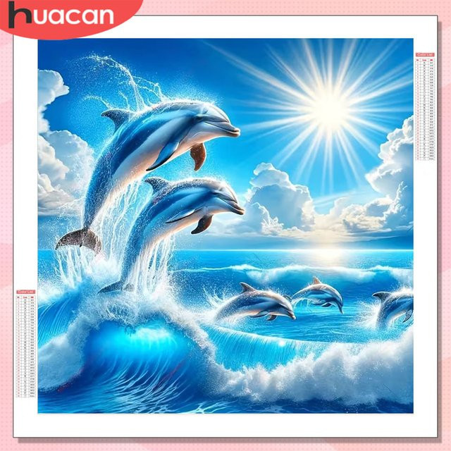 HUACAN 5D Diamantmalerei Delphin Mosaik-Set mit runden Steinen in Blau für deine Wanddekoration - Bild 1