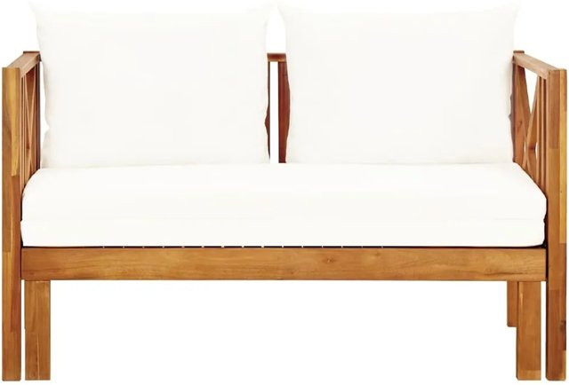 vidaXL 2-Sitzer-Gartenbank aus Massivholz Akazie mit Kissen in Beige/Weiß, Breite: 122 cm, Höhe: 66 cm, Tiefe: 68,5 cm - Bild 1