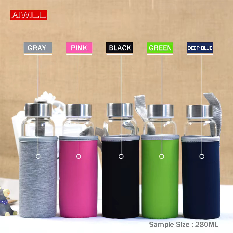 AIWILL Glas Sport Wasserflasche mit Schutzhülle in Transparent und Blau, 280 ml, 360 ml oder 550 ml - Bild 3