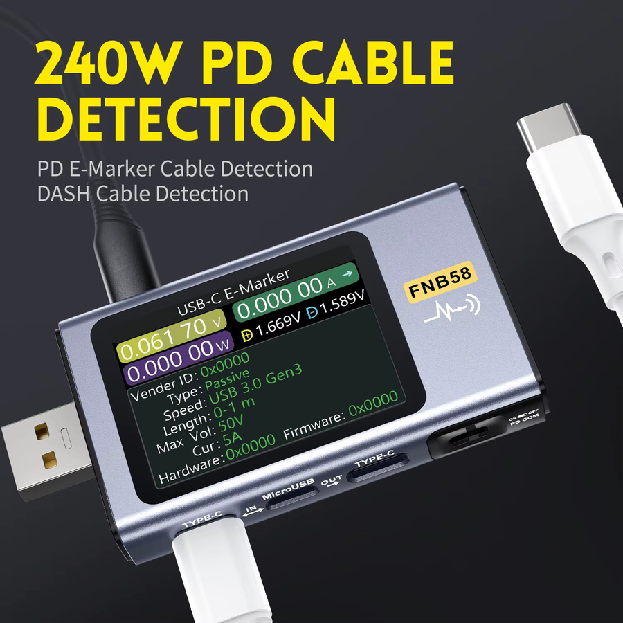 FNIRSI FNB58 USB-Tester mit Typ C Anschluss für Voltmeter, Amperemeter, Schnellladungserkennung und Kapazitätsmessung - Bild 2