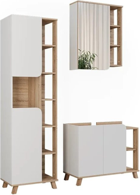 Vicco Badmöbel-Set Karen in Sonoma und Weiß, 3-teilig bestehend aus Waschtischunterschrank, Spiegelschrank und Hochschrank - Bild 1