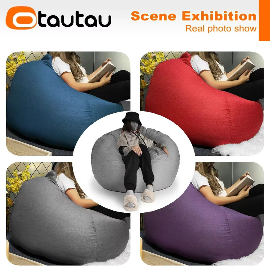 OTAUTAU Sitzsack-Sofa aus Baumwollleinen in Rot, gefüllter BeanBag Relax Lounge Couch für das Schlafzimmer, Durchmesser: 70 cm - Bild 4