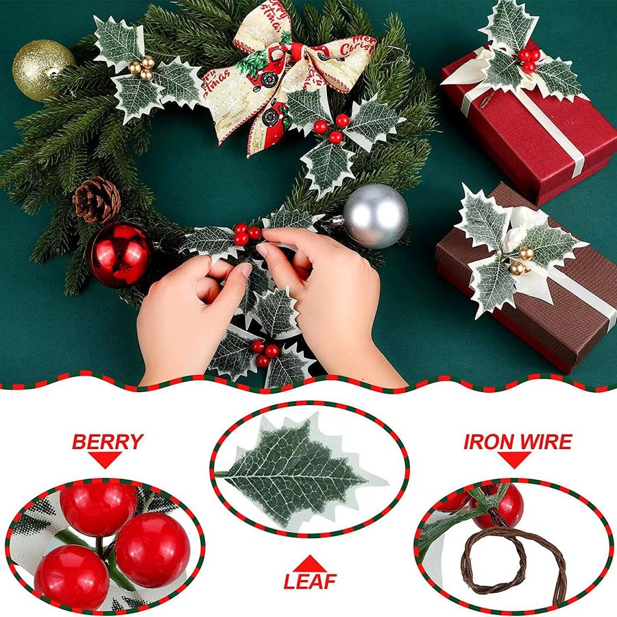 Joy-enlife Künstliche Stechpalmen Beeren mit Blättern in Gold und Rot für Weihnachtsbaumschmuck und Kranz-Arrangements, 10 oder 20 Stück - Bild 4