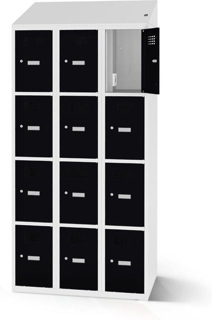 rotstahl Fächerschrank mit Ladefunktion und 12 Fächern in Schwarz und Lichtgrau, B: 120 cm, H: 200 cm - Bild 1