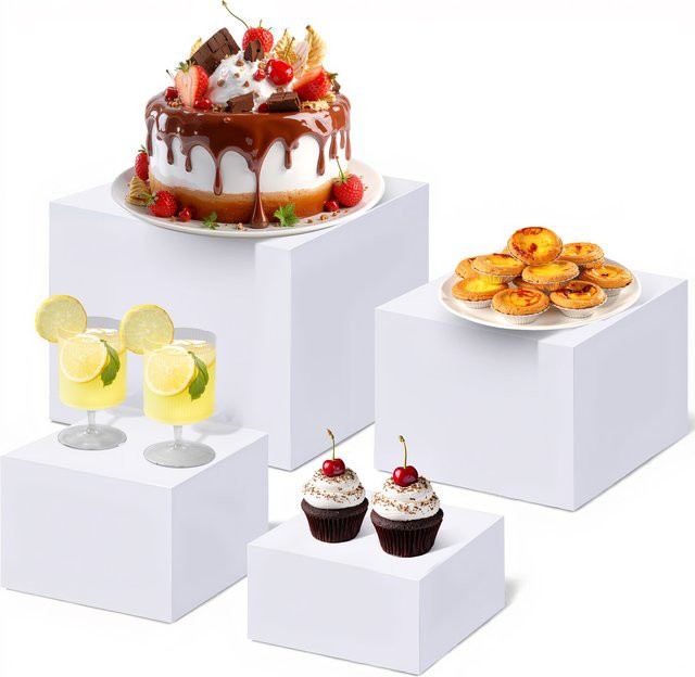 HiMISS 4er Set Acryl Kuchenständer Stapelbare Dessert-Display-Boxen Quadratisch in Transparent und Weiß - Bild 1