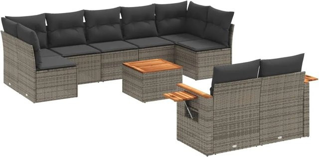 vidaXL 10-teilige Garten-Sofagarnitur aus Poly-Rattan und Akazienholz in Grau mit Kissen - Bild 1