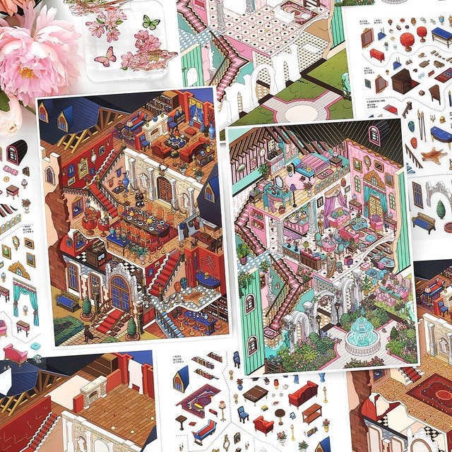 3er-Pack My Little House Vol.27 2.5D Aufkleber mit europäischer Herrenhaus-Szene im Vintage-Luxus-Palast-Design, Mehrfarbig - Bild 1