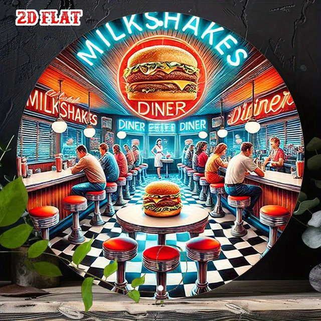 Rundes Retro Diner Aluminiumschild von Potdemiel mit Milchshake und Burger Motiv, Mehrfarbig, Durchmesser: 20,0 cm - Bild 1