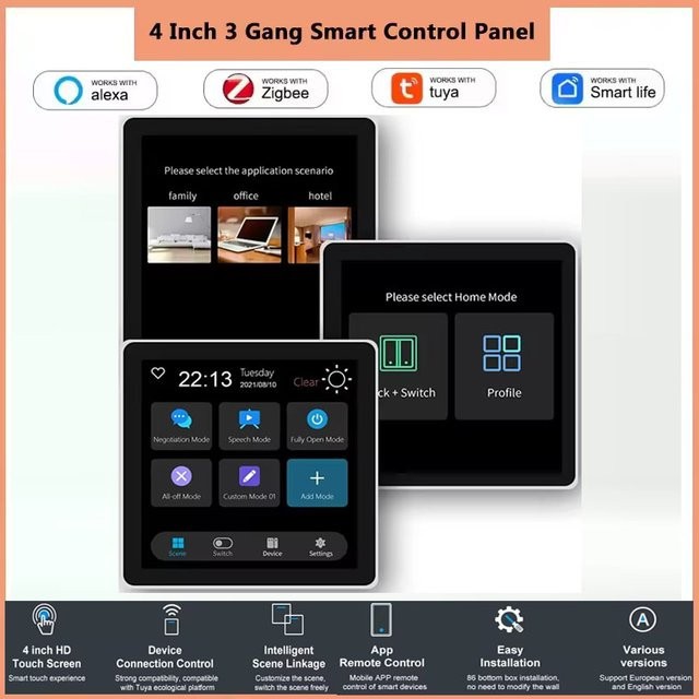 Tuya Zigbee 2-in-1 Smart Panel: 4-Zoll-LCD-Touchscreen Szenensteuerung und 3-Gang-Relaisschalter in Schwarz, kompatibel mit Alexa und Google Home - Bild 1