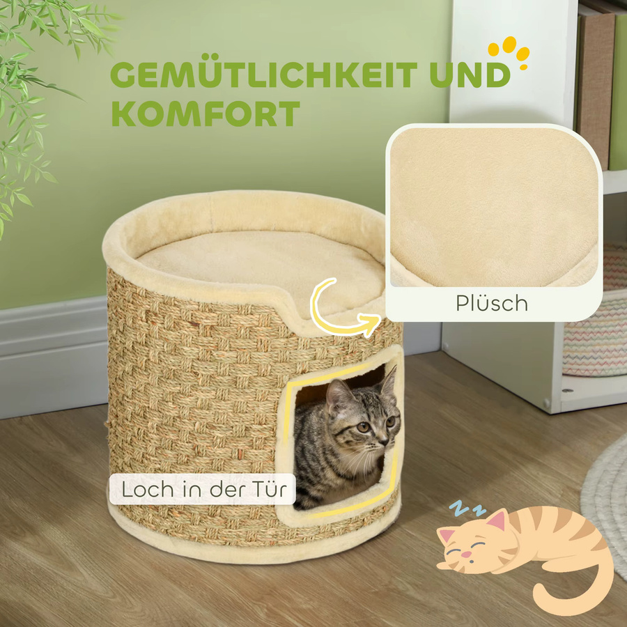 Svintora Katzen-Kratzturm mit Sisal-Gewebe, weicher Plüsch-Katzenhöhle und erhöhter Plattform in Beige - Bild 3