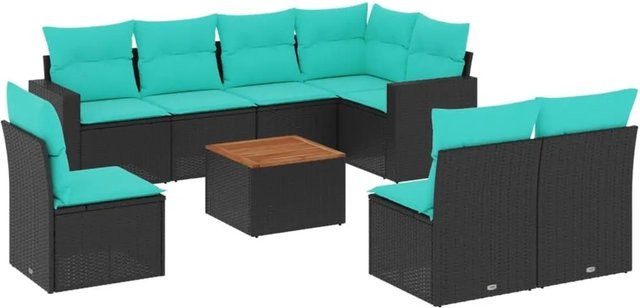 vidaXL 9-tlg. Garten-Sofagarnitur in L-Form mit Kissen, Schwarz, Poly-Rattan und pulverbeschichtetem Stahl - Bild 1