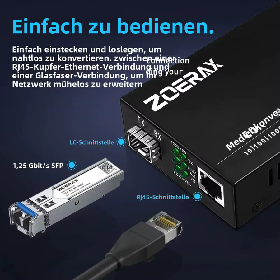 ZoeRax Gigabit SFP zu RJ45 Medienkonverter 1,25 Gbit/s LC Singlemode Glasfaser Ethernet Transceiver Modul in Schwarz - Bild 4