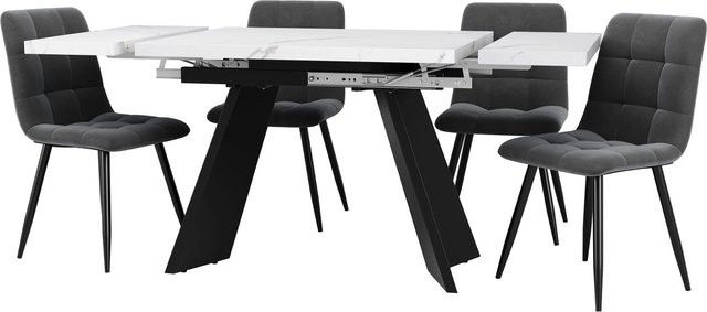 Merax Essgruppe 5-teilig mit ausziehbarem Esstisch und Samtstühlen in Weiß und Grau, B/T/H: 160 x 80 x 74 cm - Bild 1
