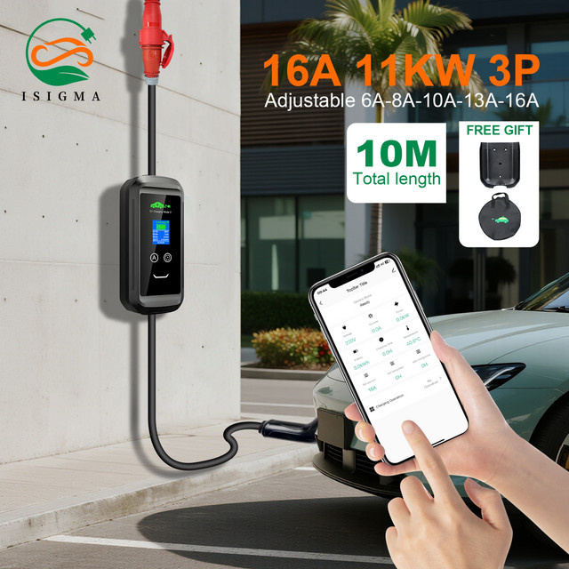 Isigma Mobiles EV-Ladegerät Typ 2 in Schwarz mit 11 kW, 16 A, 3P, WLAN-Steuerung über Tuya-App und 10 m Kabel - Bild 1