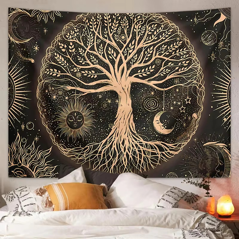 VIKAMA Baum des Lebens Wandteppich mit Galaxie, Sonne, Mond und Sternenhimmel in Multicolour im Bohemian-Stil - Bild 3