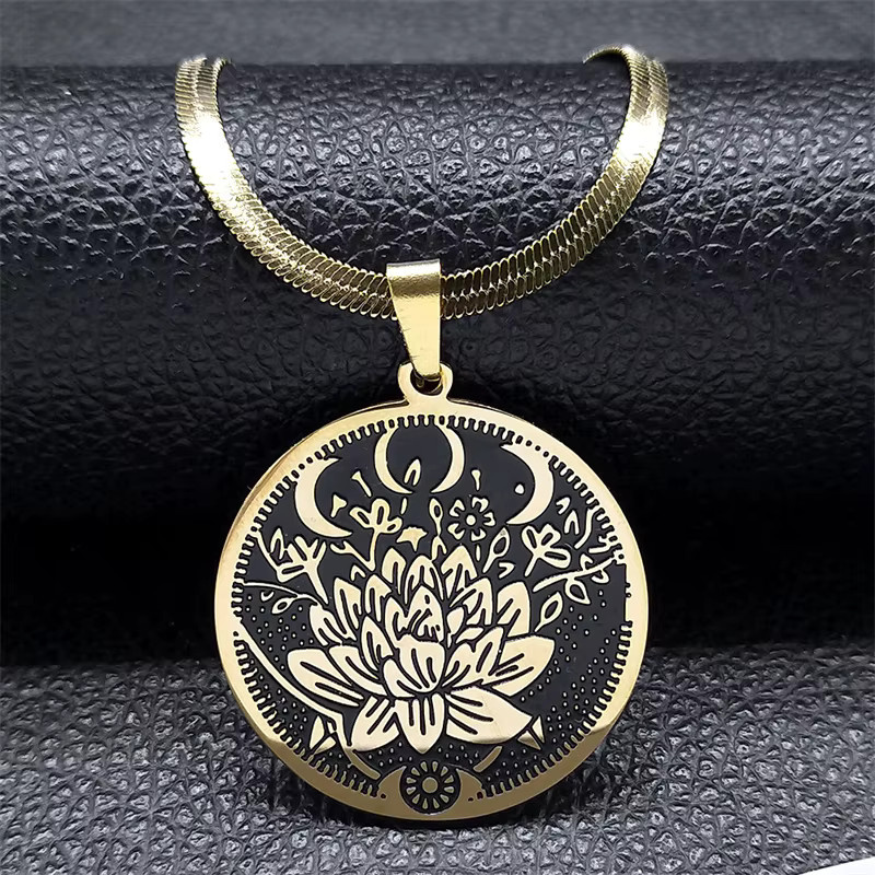 AFAWA Halskette Triple Moon Göttin mit Lotusblume, Edelstahl, Gold, Unisex - Bild 2