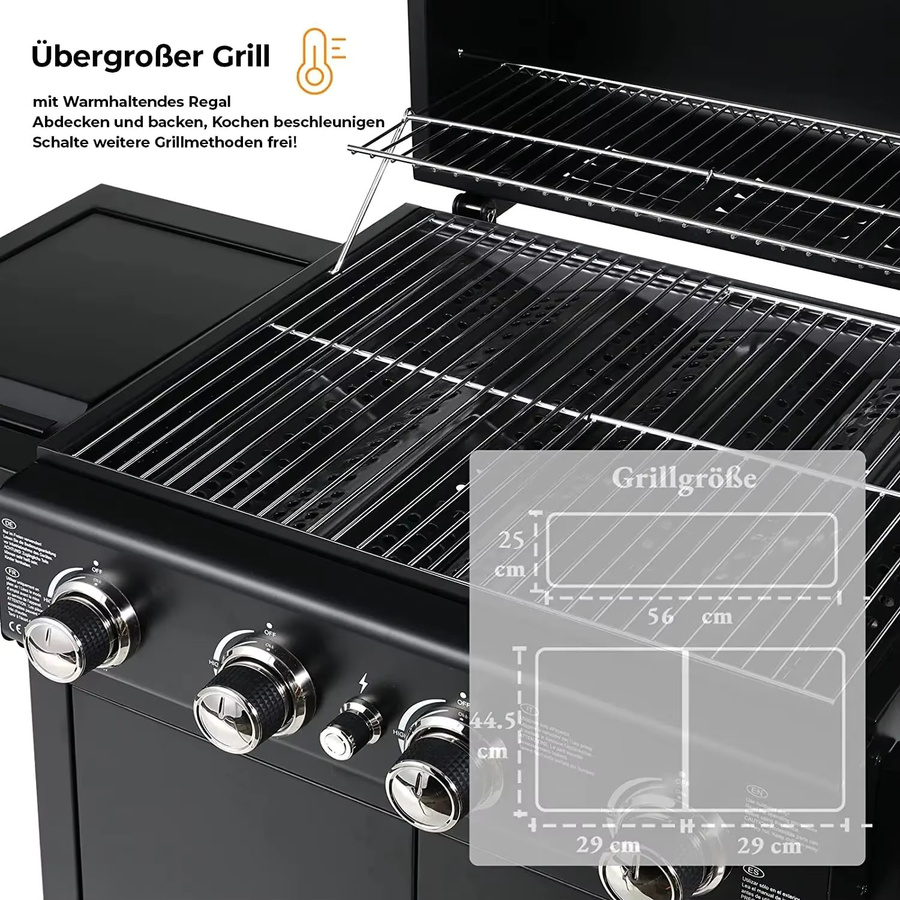 Homfa Gasgrillwagen aus Edelstahl in Schwarz mit Piezo-Zündung, Thermometer und 4 Brennern à 1000 BTU / 2,93 kW für Garten und Camping - Bild 5