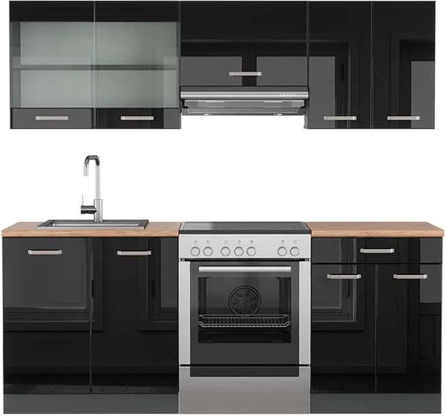 Vicco R-Line Küchenzeile Schwarz Hochglanz Anthrazit Eiche modern mit Schränken und Schubladen Breite: 200 cm - Bild 1