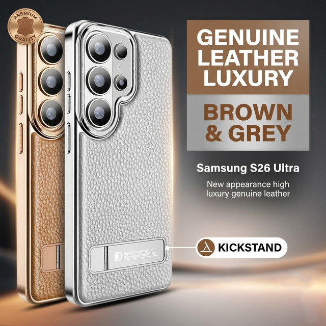 MagSafe-kompatible Lederhülle für Samsung Galaxy S26 S25 Plus S24 S23 Ultra mit Metallhalterung und Linsenschutz in Grau - Bild 1