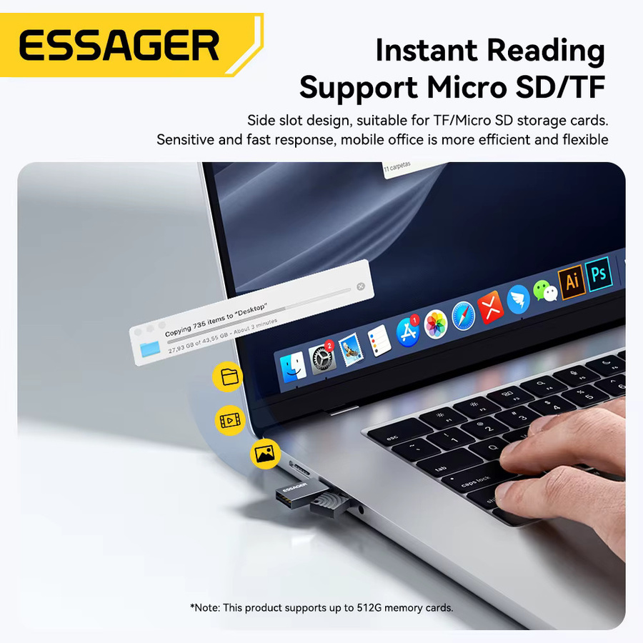 Essager 2-in-1 Kartenleser Typ C und USB 2.0 für Micro SD und TF-Speicherkarten in Grau - Bild 3