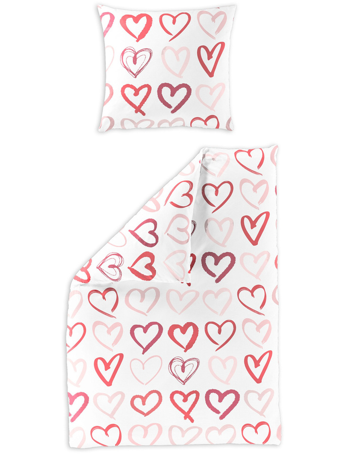 Bierbaum Mako-Satin Bettwäsche mit Herz-Design in Weiß, Rot und Rosa, B/H: 135 x 200 cm mit Kissenbezug 80 x 80 cm - Bild 1