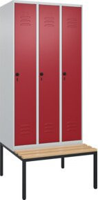 C+P Spind Classic PLUS Garderobenschrank mit Sitzbank, 3 Abteile, B/T/H: 212,0 x 90,0 x 81,5 cm, Sicherheits-Drehriegel, 4 Garderobenhaken und mittiger Trennwand, Buche-Hartholz und Stahl - Bild 1