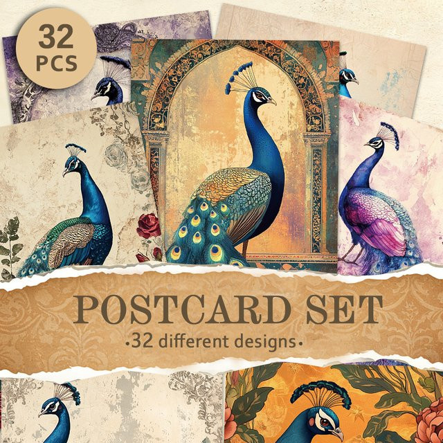 32 Stück Vintage-Postkarten mit Pfauen- und Blumenmotiven in Multicolour aus Papier - Bild 1