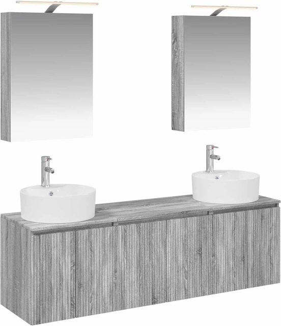 vidaXL Badezimmerschrank-Set 5-teilig in Grau Matt mit LED-Spiegelschrank und Waschtischunterschrank aus MDF, B/T/H: 70,0 x 51,86 x 44,5 cm - Bild 1
