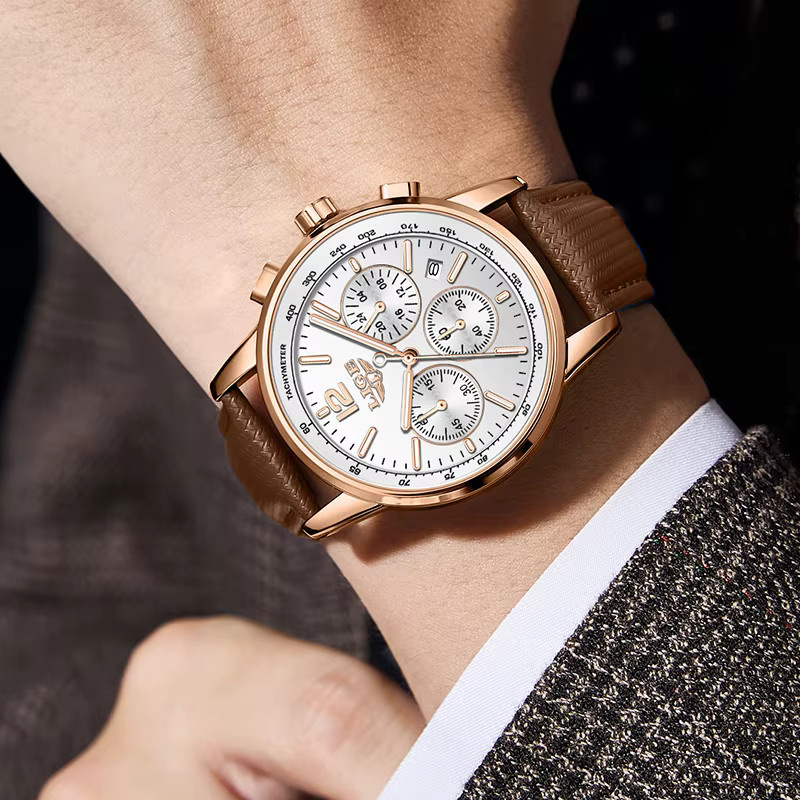 LIGE Chronograph, Quarz, Leder, Roségold, Weiß, Herren - Bild 5